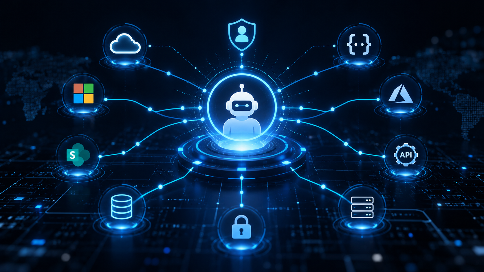 An AI agent at the center of a network of enterprise systems — Microsoft 365, SharePoint, Azure, APIs, and data stores